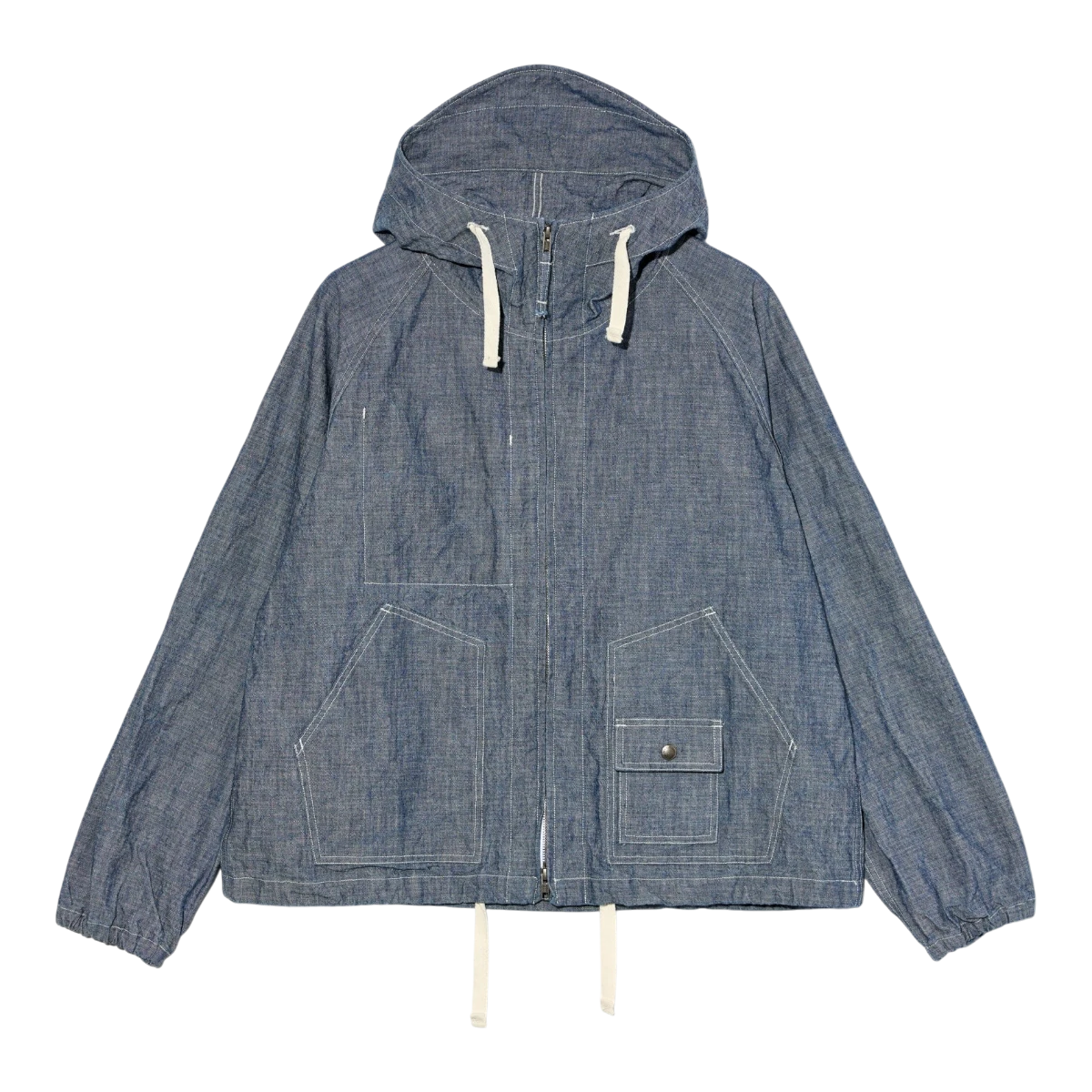 MILWORK Indigo 10oz Sea Canvas Deck Parka with hood, drawstring waist, and two front pockets.