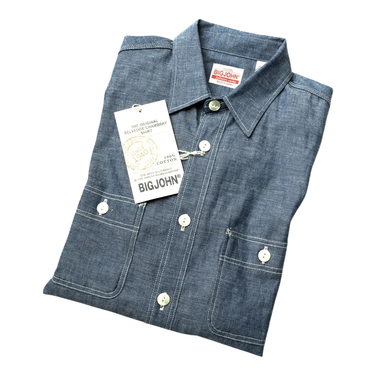 MILWORK Selvedge Chambray Work Shirt in indigo blue cotton, featuring double chest pockets, white shell buttons, and triple-needle stitching.