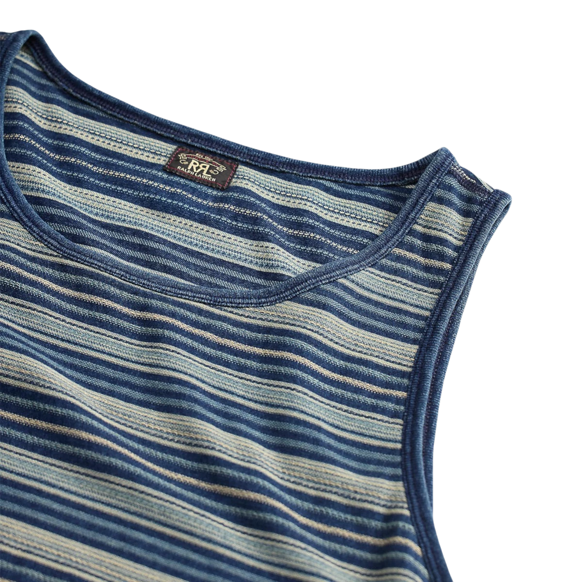 MILWORK Indigo Multi Striped Cotton Jersey Tank Top with ribbed neckline and armholes.