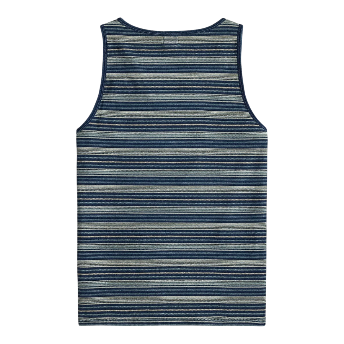 MILWORK Indigo Multi Striped Cotton Jersey Tank with ribbed trim at neckline and armholes.