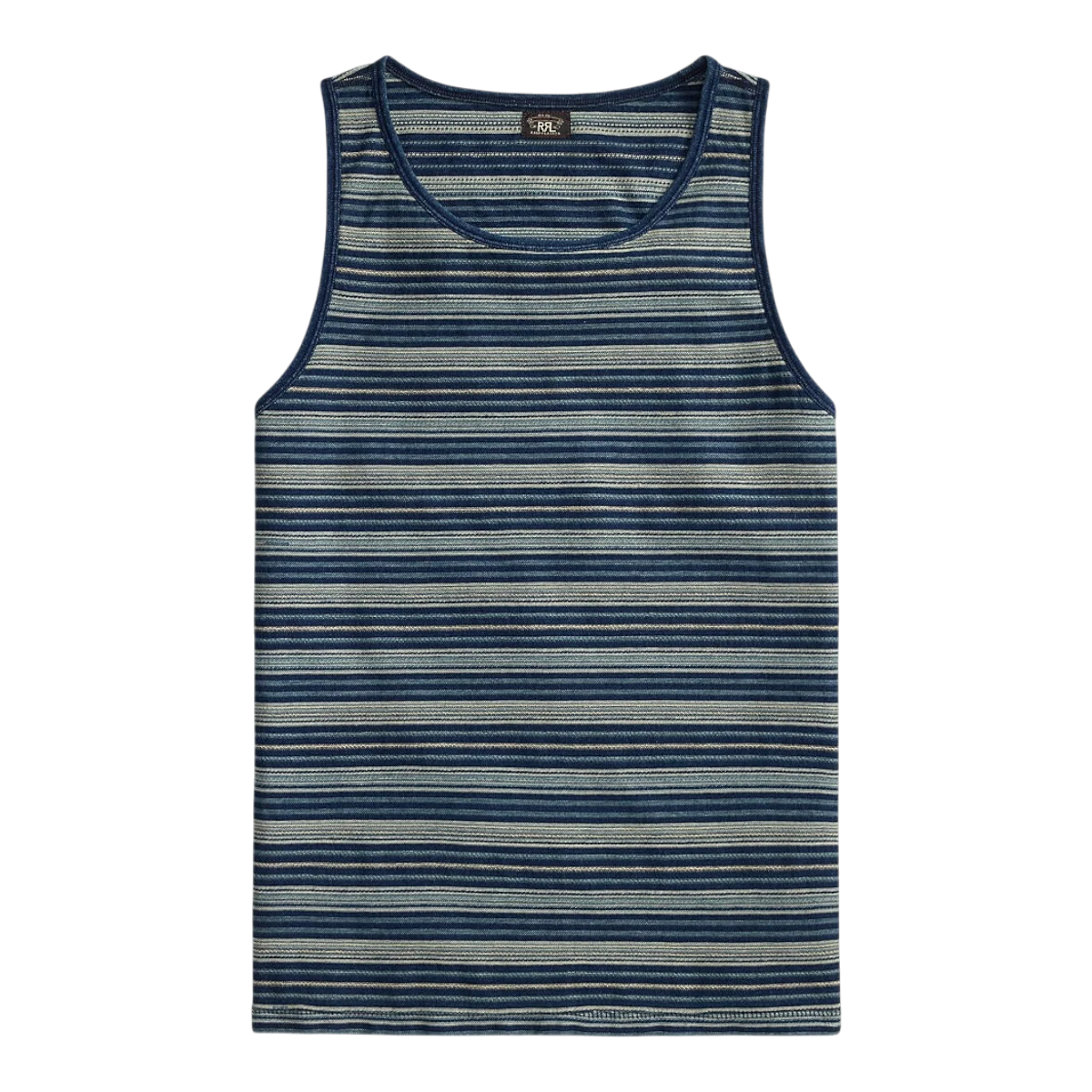 MILWORK Indigo Multi Striped Cotton Jersey Tank Top with ribbed neckline and armholes.