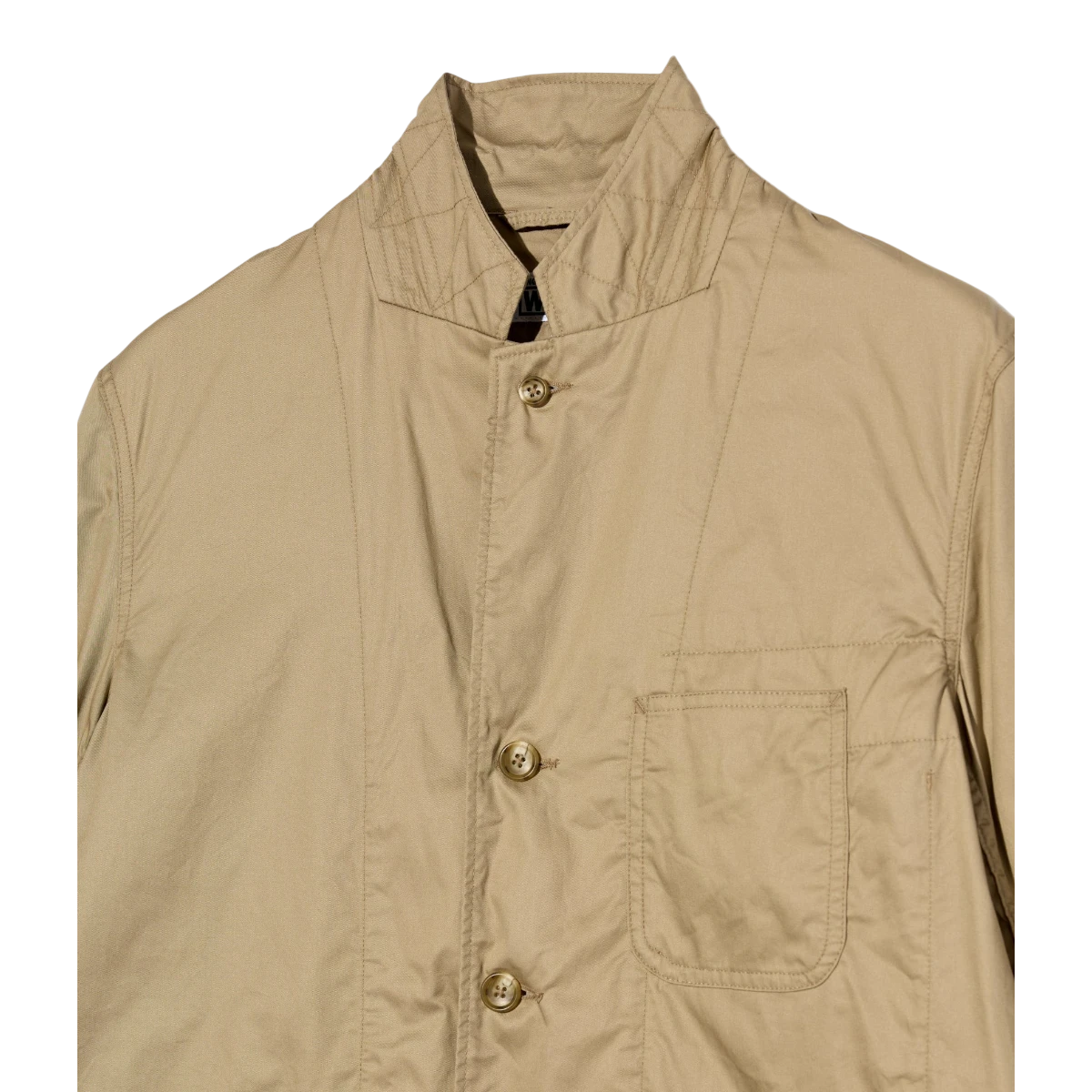MILWORK Khaki high count twill MED blazer with a unique folded collar, button front, and chest pocket.