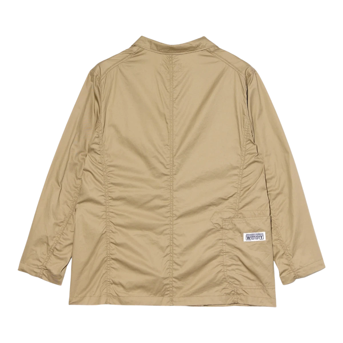 MILWORK Khaki high count twill MED blazer with a classic collar and ruched detailing on the back.