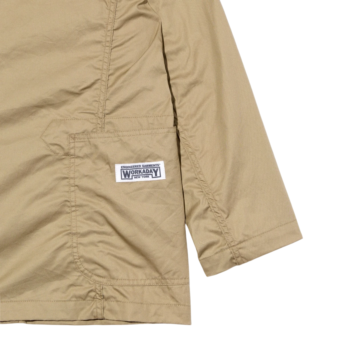 MILWORK Khaki high count twill MED blazer with a chest pocket and Workaday New York logo patch.