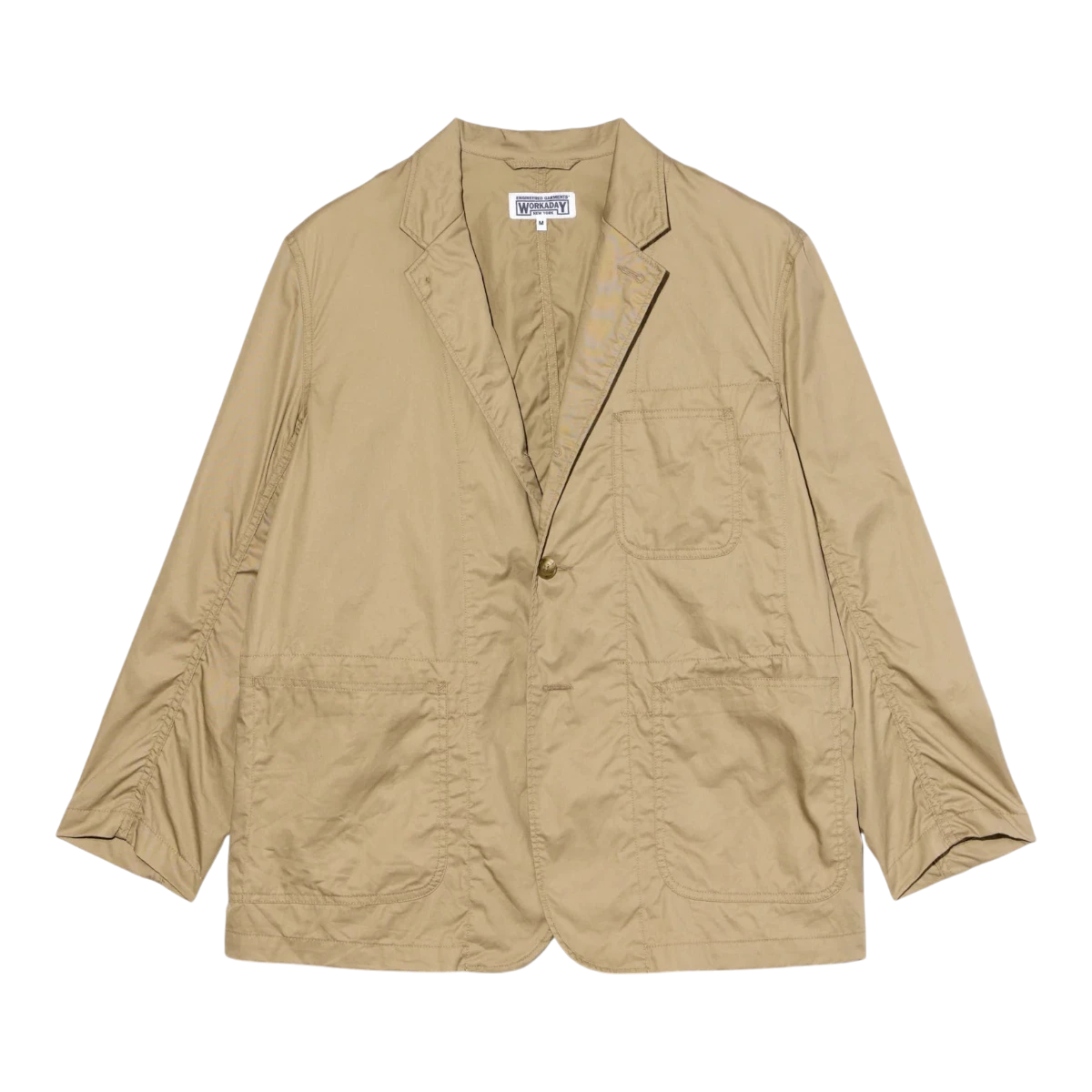 MILWORK Khaki high-count twill MED blazer with two front pockets and a single button closure.
