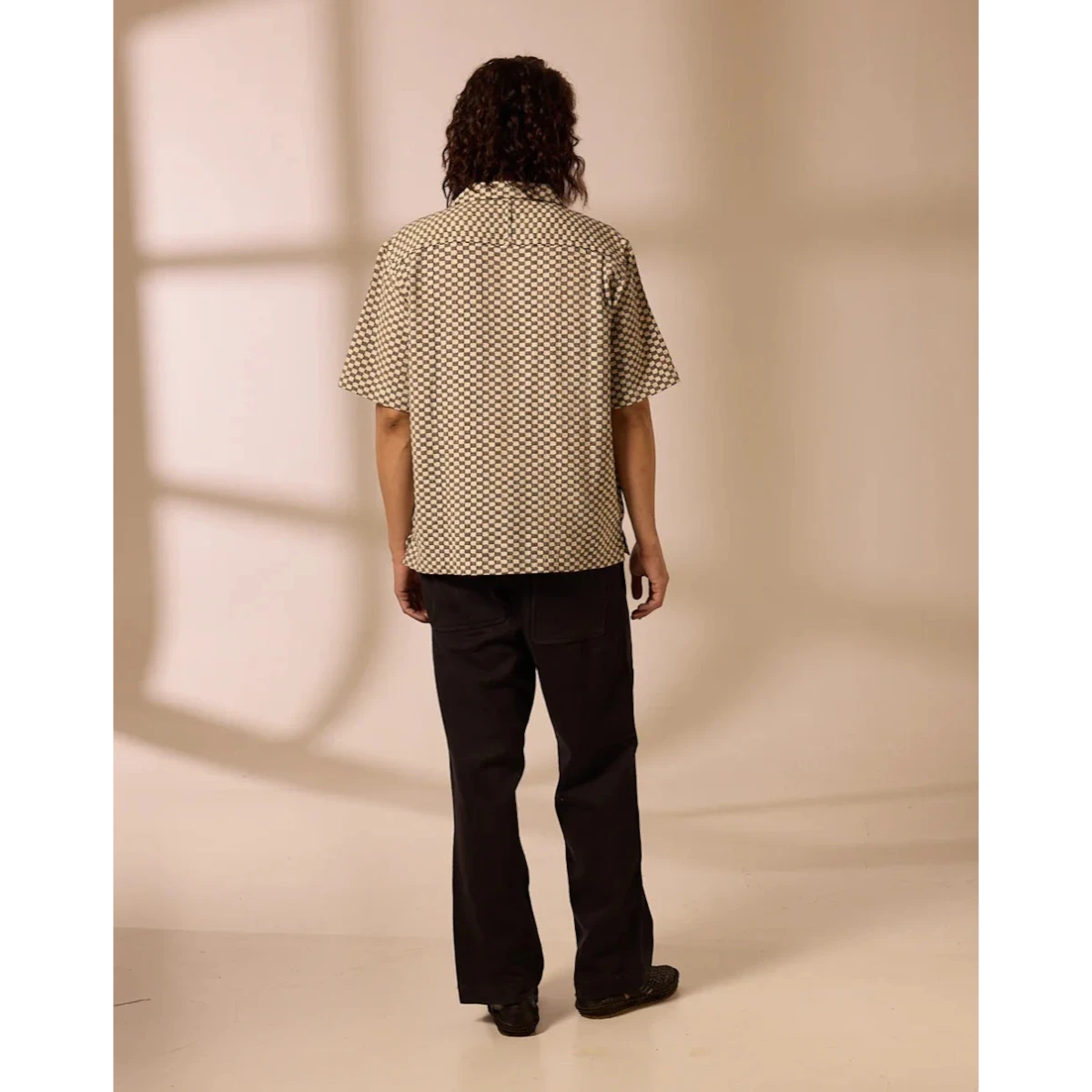 MILWORK Khushi Camp Shirt in black and white block print, 100% cotton, short sleeves, spread collar, relaxed fit.