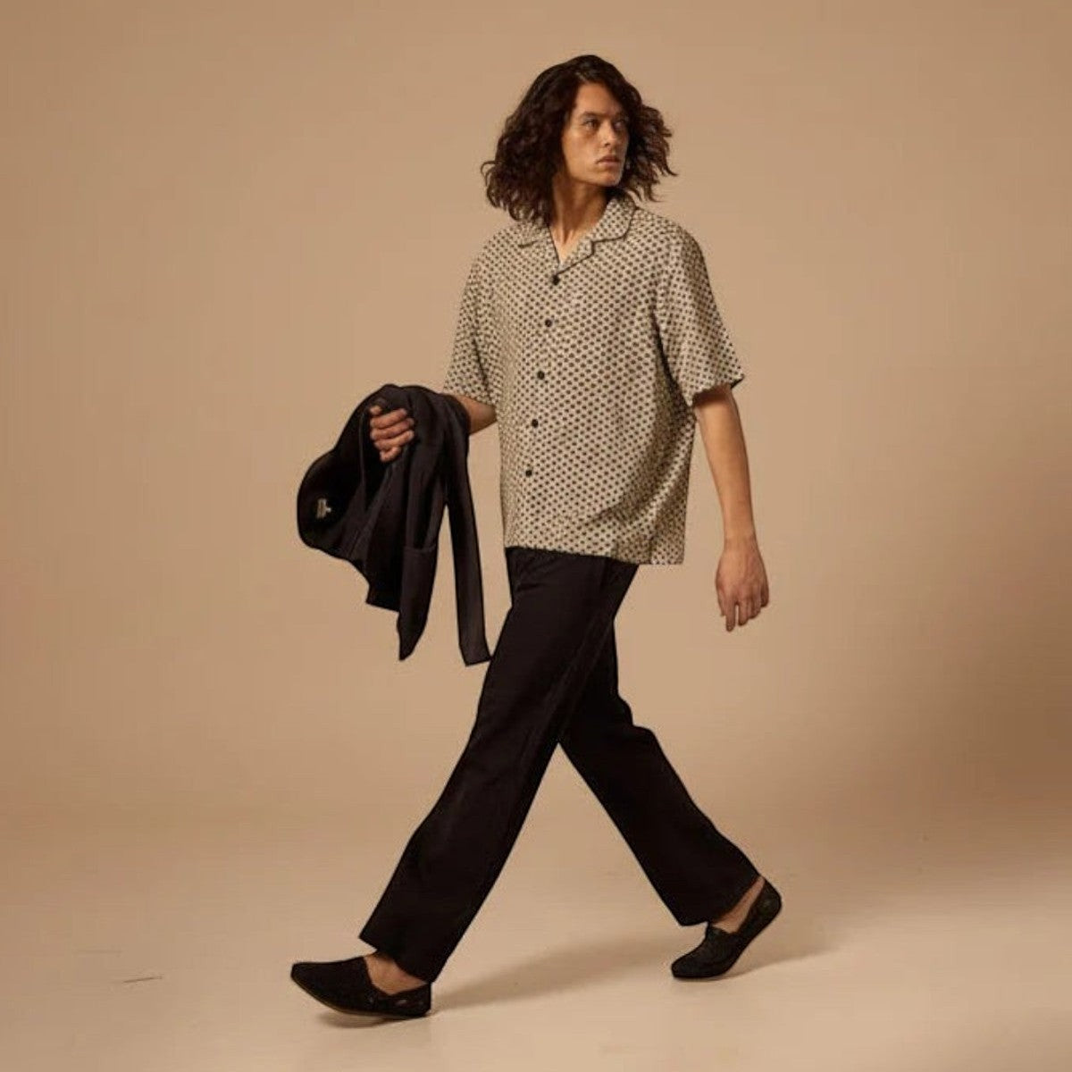 MILWORK Khushi Camp Shirt in black and white geometric print, 100% cotton with spread collar and short sleeves.