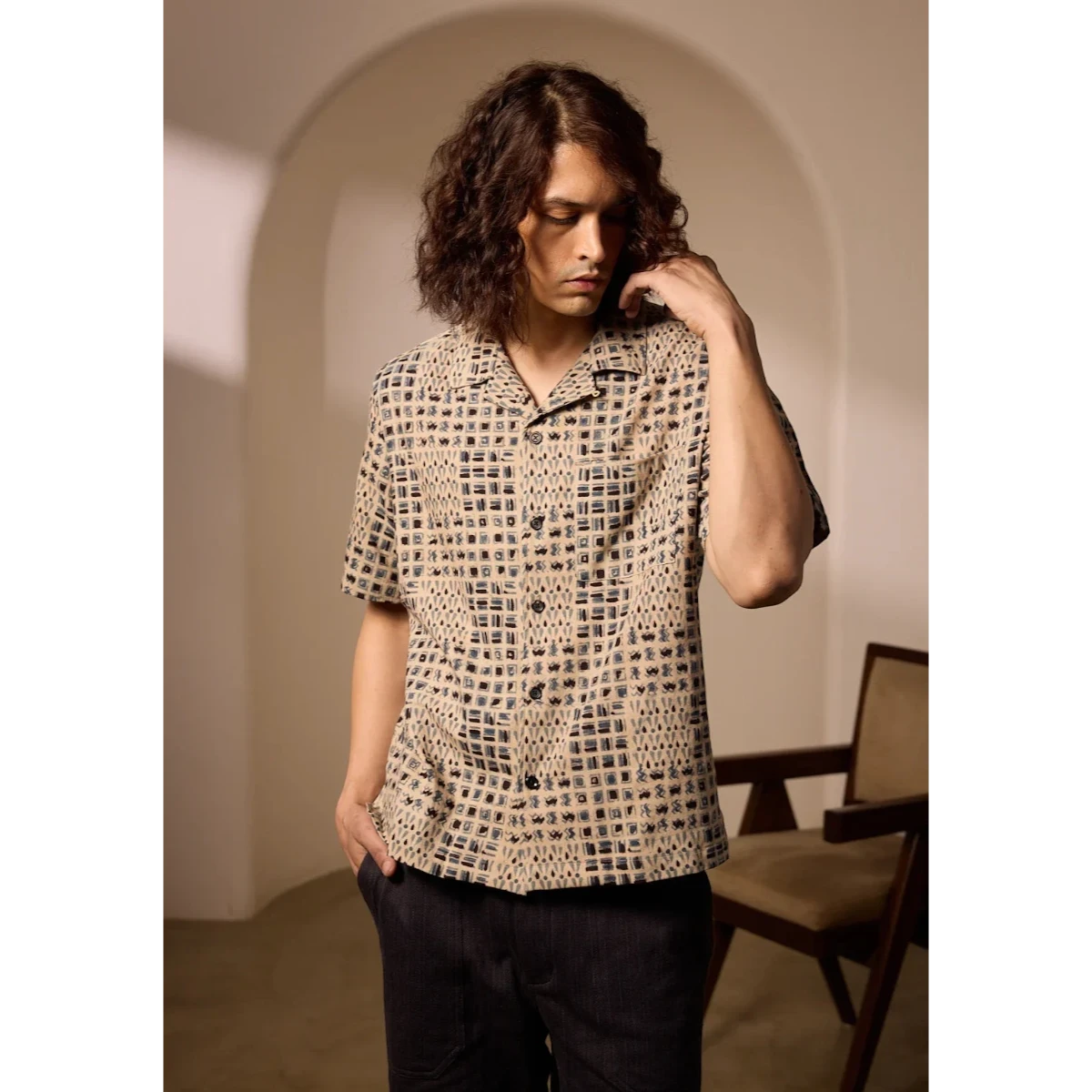 MILWORK Khushi Camp Shirt in indigo with tile block print on 100% cotton. Relaxed fit, short sleeves, spread collar, chest pocket.