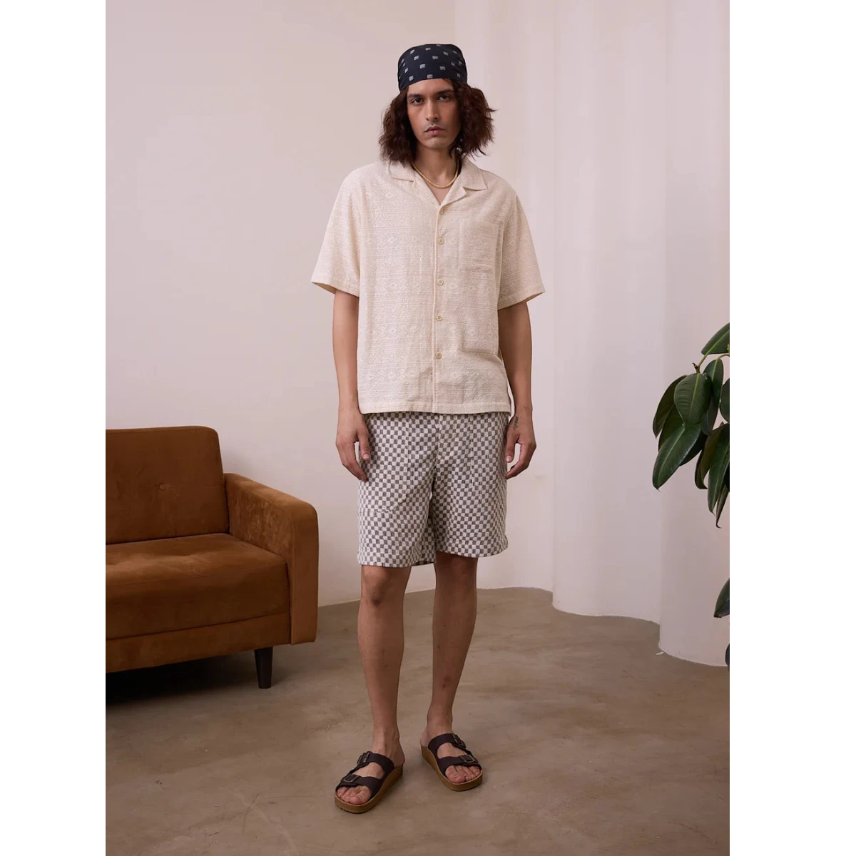 MILWORK Khushi Camp Shirt in Lace Aztec, a relaxed fit, short-sleeve, 100% organic cotton shirt with a camp collar and button closure.
