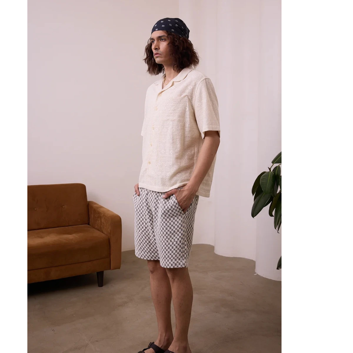 MILWORK Khushi Camp Shirt in Lace Aztec, a light beige 100% organic cotton short-sleeve shirt with a relaxed fit and camp collar.