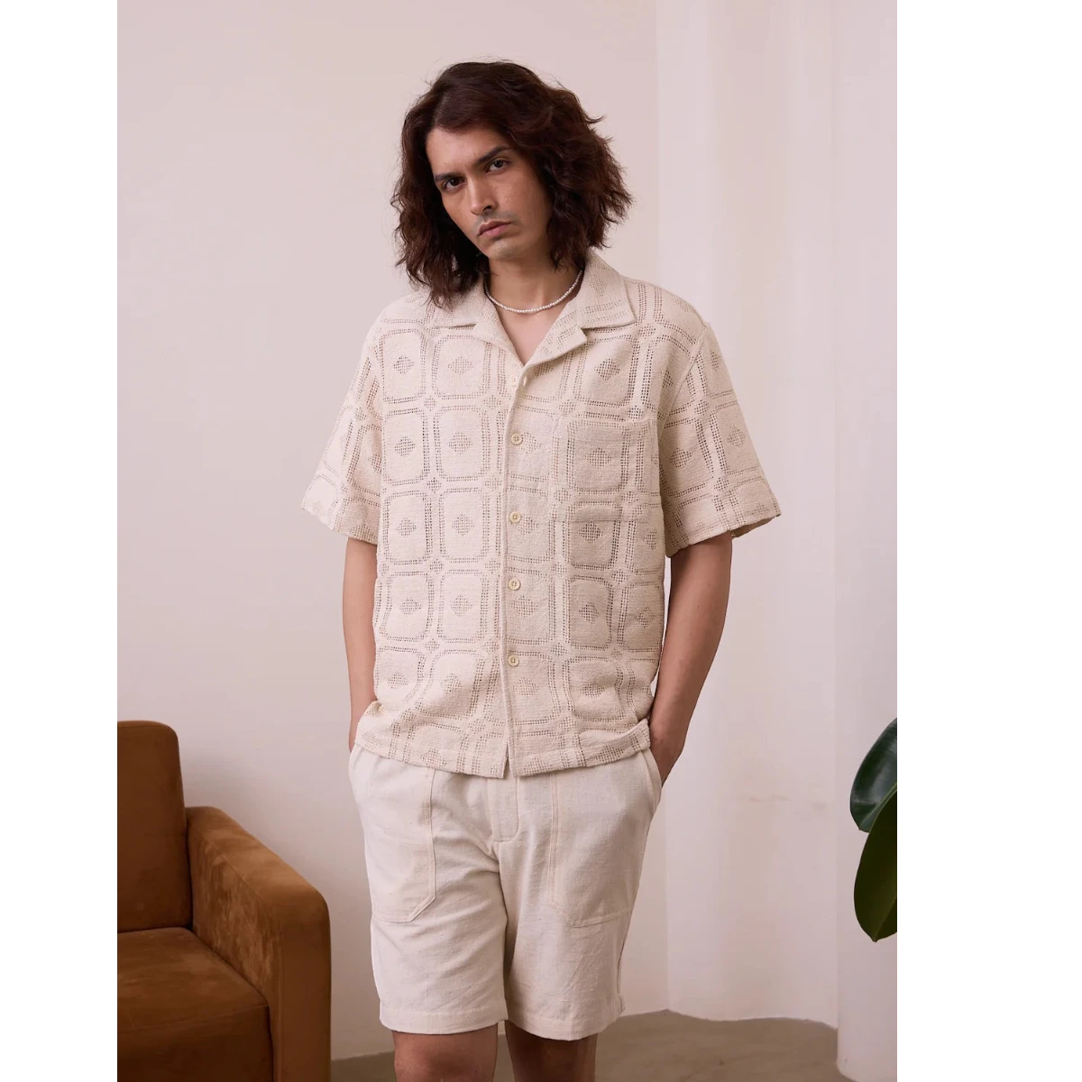 MILWORK Khushi Camp Shirt in Lace Aztec. Men's short-sleeve, 100% organic cotton knit shirt with camp collar and relaxed fit.