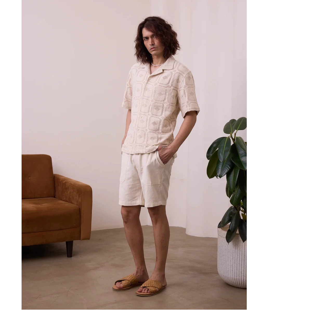 MILWORK Khushi Camp Shirt in Lace Aztec, crafted from 100% organic cotton with a unique lattice knit pattern, camp collar, and button closure.