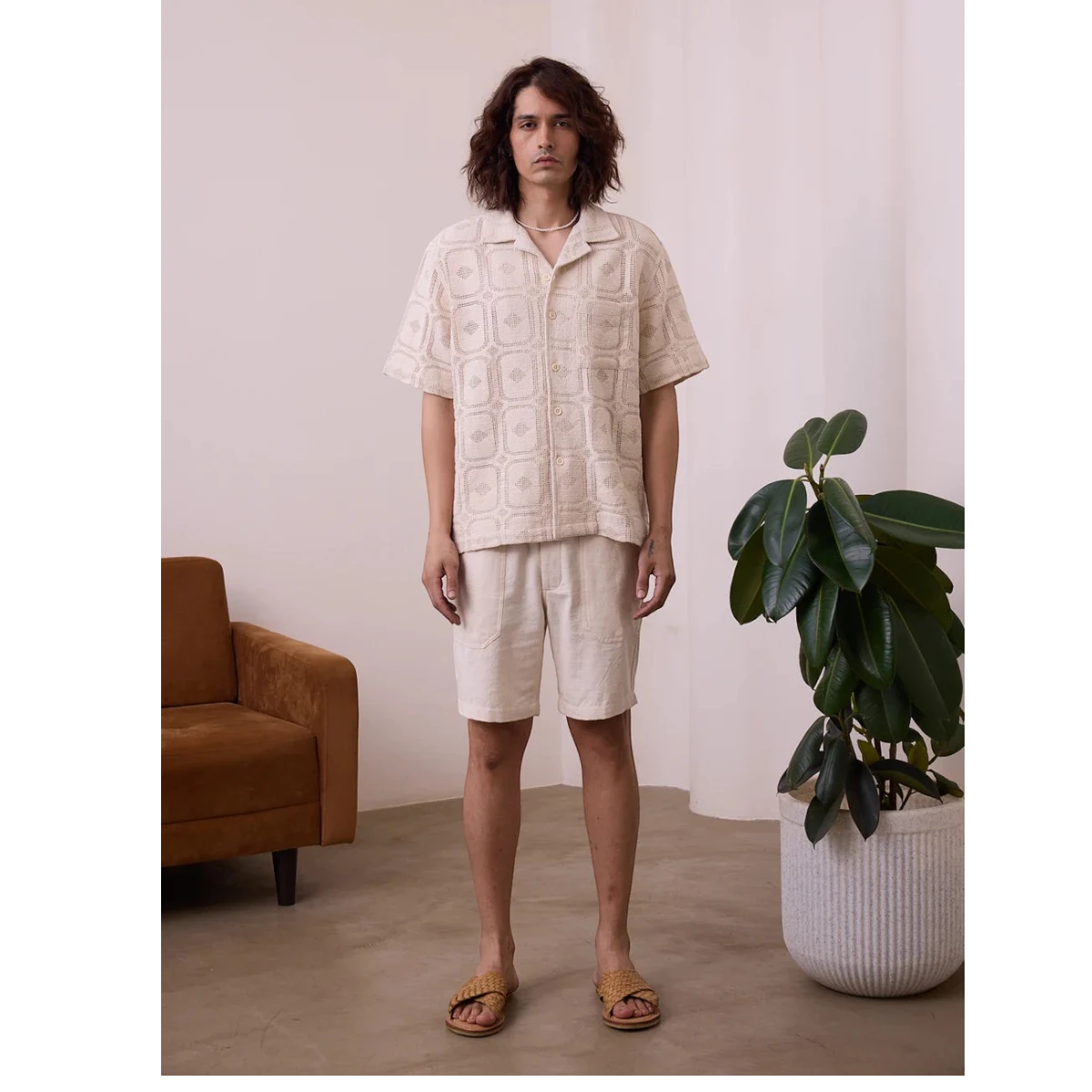 MILWORK Khushi Camp Shirt in Lace Aztec, crafted from 100% organic cotton with a textured knit and relaxed fit.