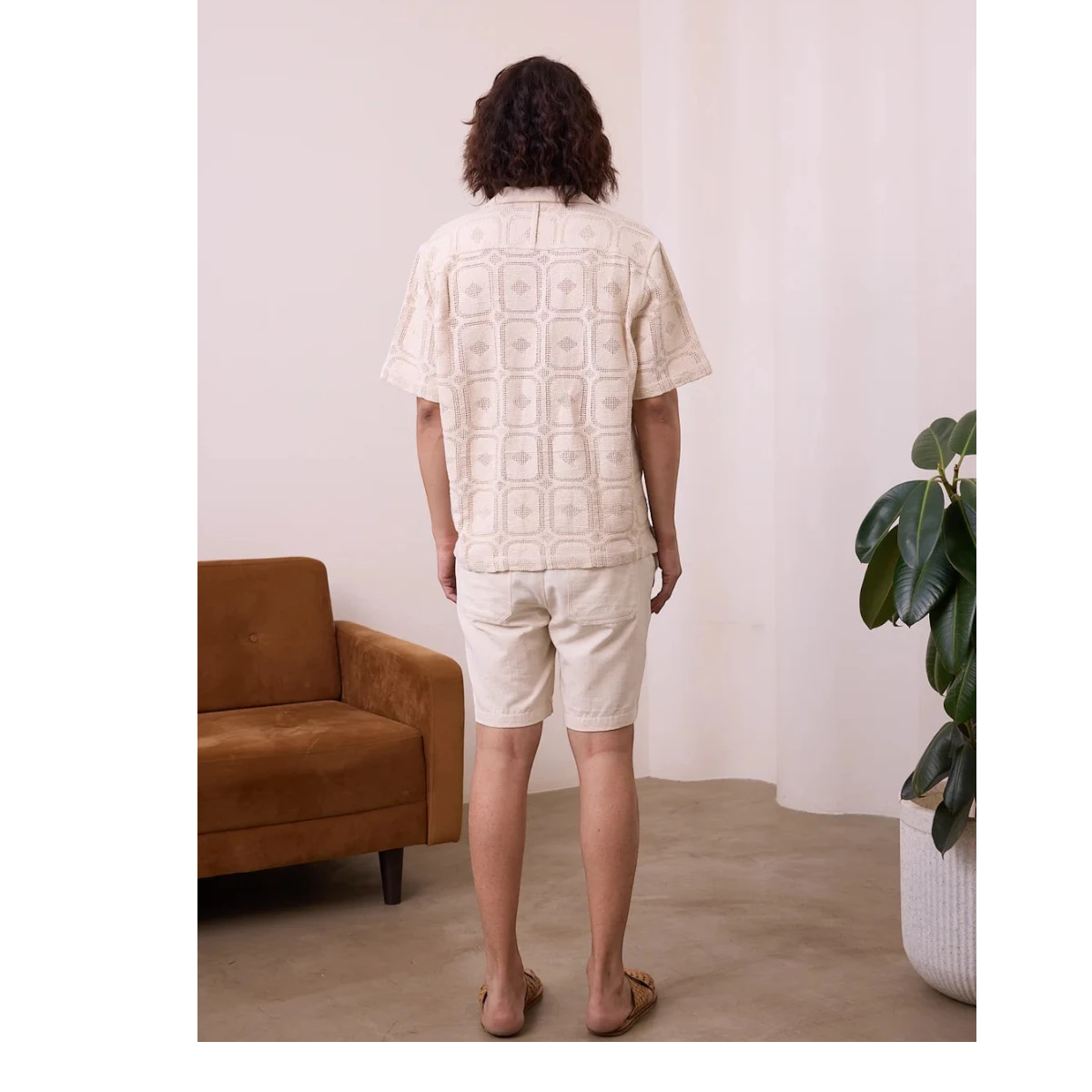 MILWORK Khushi Camp Shirt in Lace Aztec. Men's short-sleeve, 100% organic cotton knit shirt with a relaxed fit and camp collar.