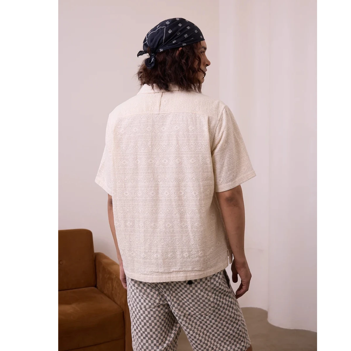 MILWORK Khushi Camp Shirt in Lace Aztec. Natural knit cotton with an all-over geometric pattern. Relaxed fit, short sleeves, and camp collar.