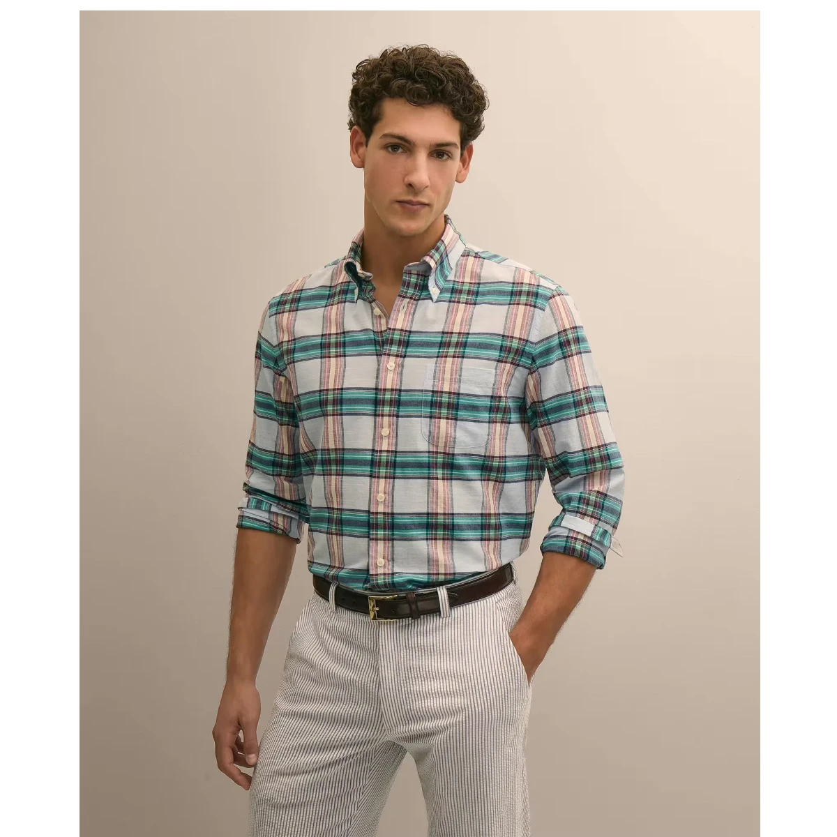 MILWORK Men's light blue Madras plaid cotton button-down shirt with teal and pink stripes, barrel cuffs, and chest pocket.