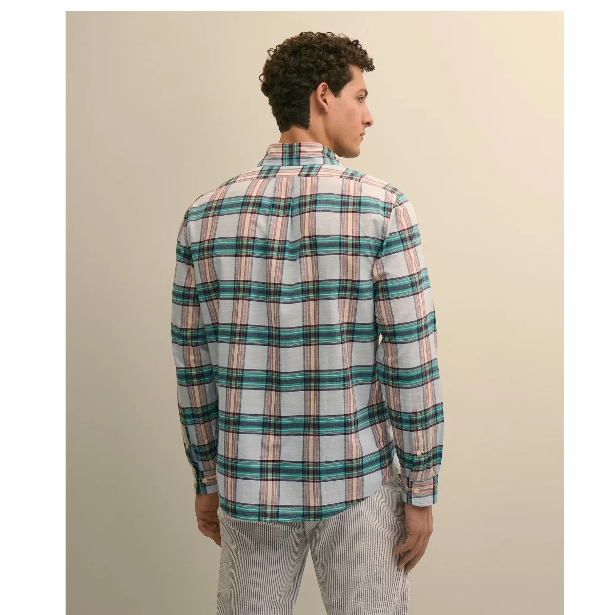 MILWORK Men's light blue multi-color plaid cotton Madras long-sleeve button-down shirt with barrel cuffs.
