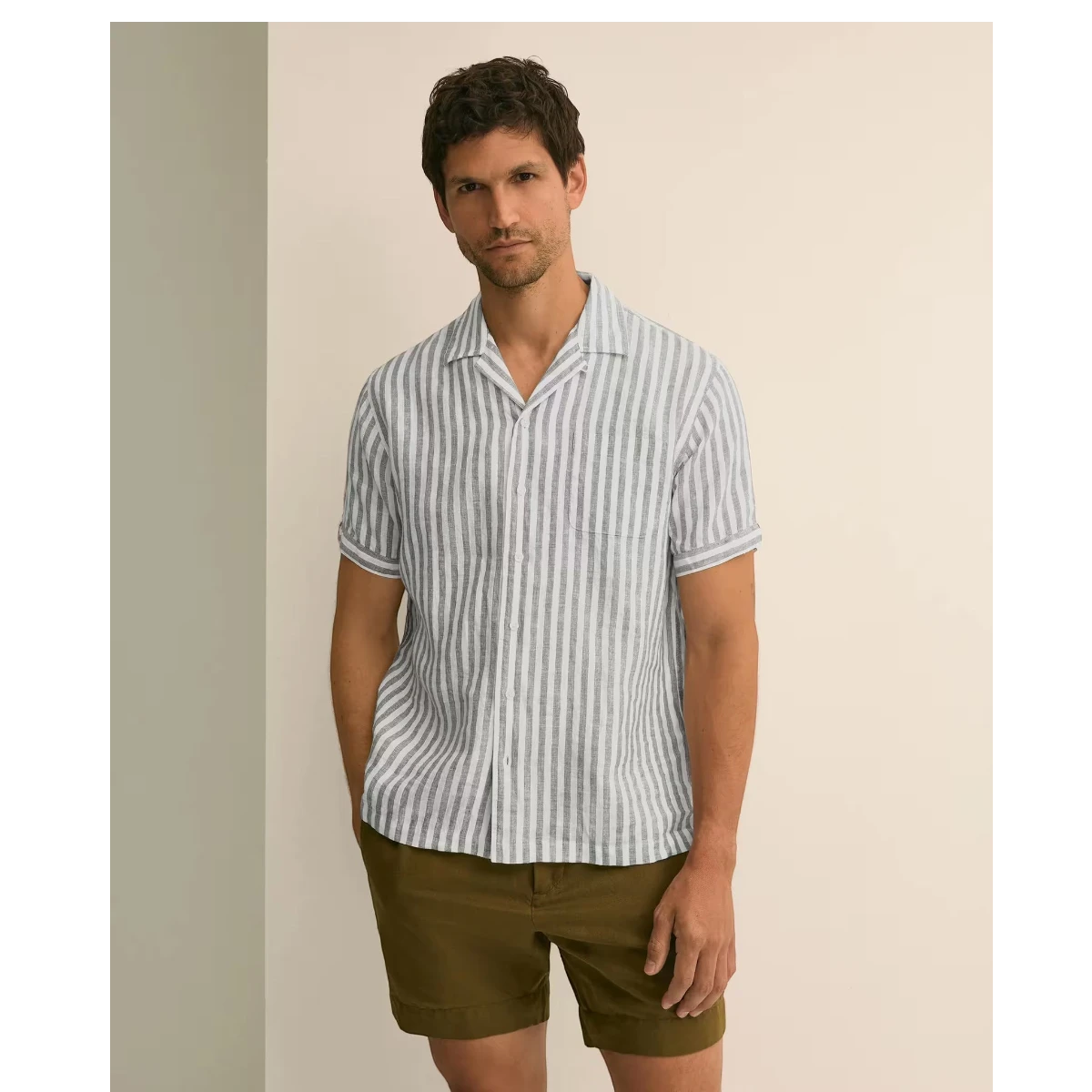 MILWORK men's short-sleeve camp collar shirt in white and olive green vertical stripes, made of 100% linen.