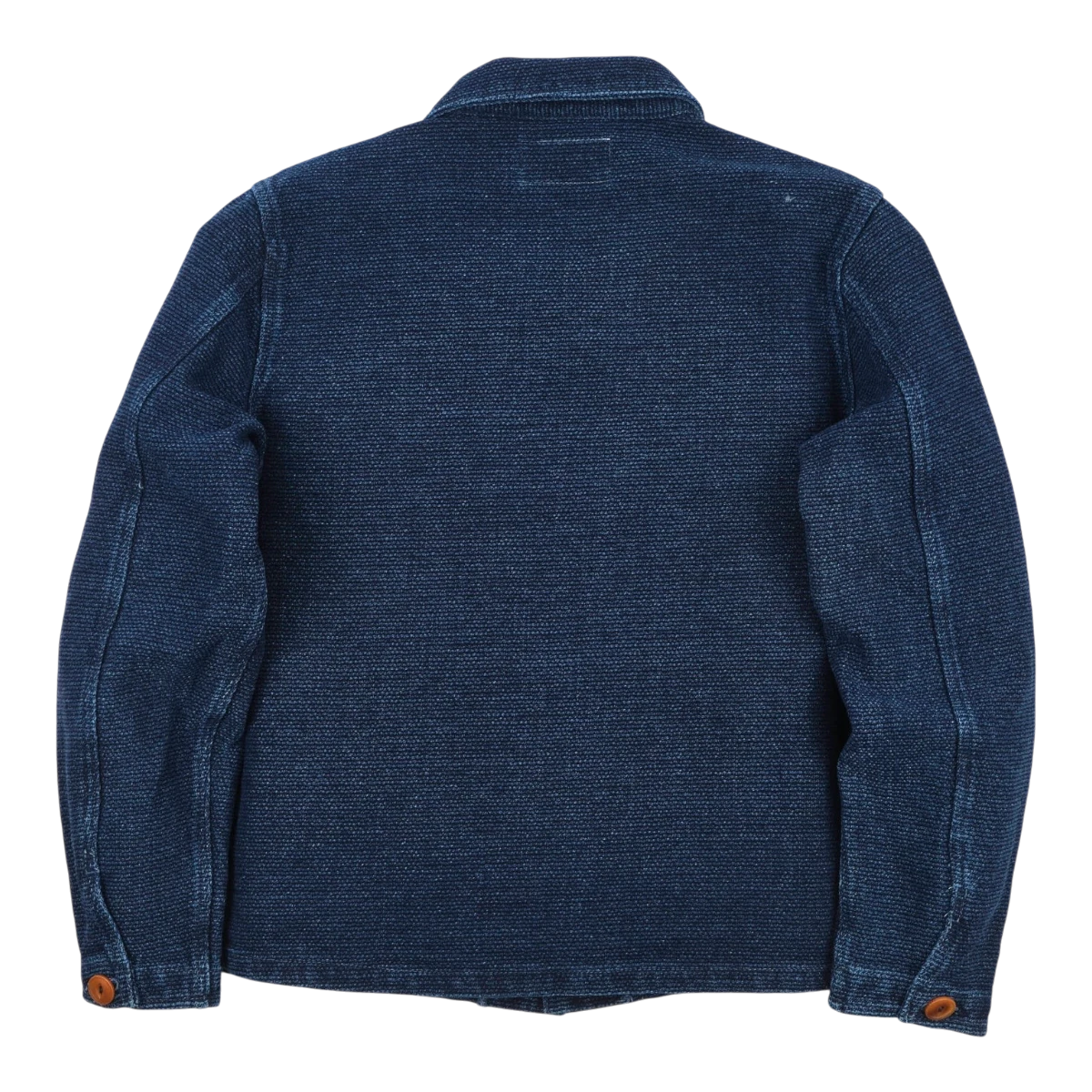 MILWORK Midway Indigo Sashiko Single Rinsed jacket, 100% cotton, indigo blue, button front, two chest pockets.