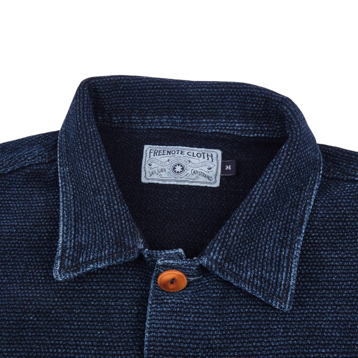 MILWORK Midway Indigo Sashiko Single Rinsed shirt, 100% cotton, Japanese fabric, French placket, orange button.