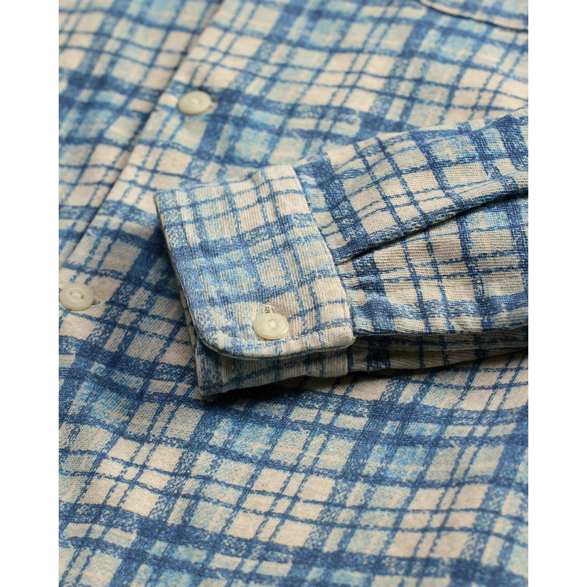 MILWORK Navy Multi plaid-print long-sleeve camp shirt made from cotton-linen jersey with a camp collar and buttoned placket.