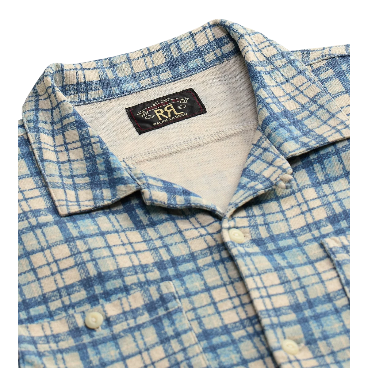 MILWORK Navy Multi Plaid-Print Cotton-Linen Camp Shirt with camp collar and two chest pockets.