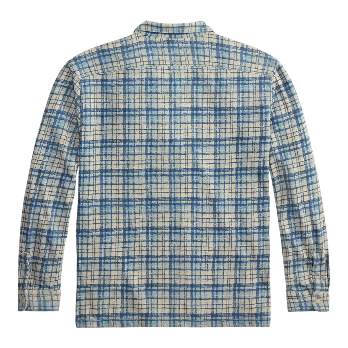 MILWORK navy multi plaid-print long-sleeve camp shirt in cotton-linen jersey with camp collar and two chest pockets.