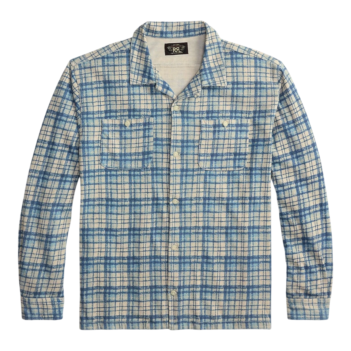 MILWORK navy multi plaid-print cotton-linen camp shirt with camp collar, buttoned placket, and two chest pockets.