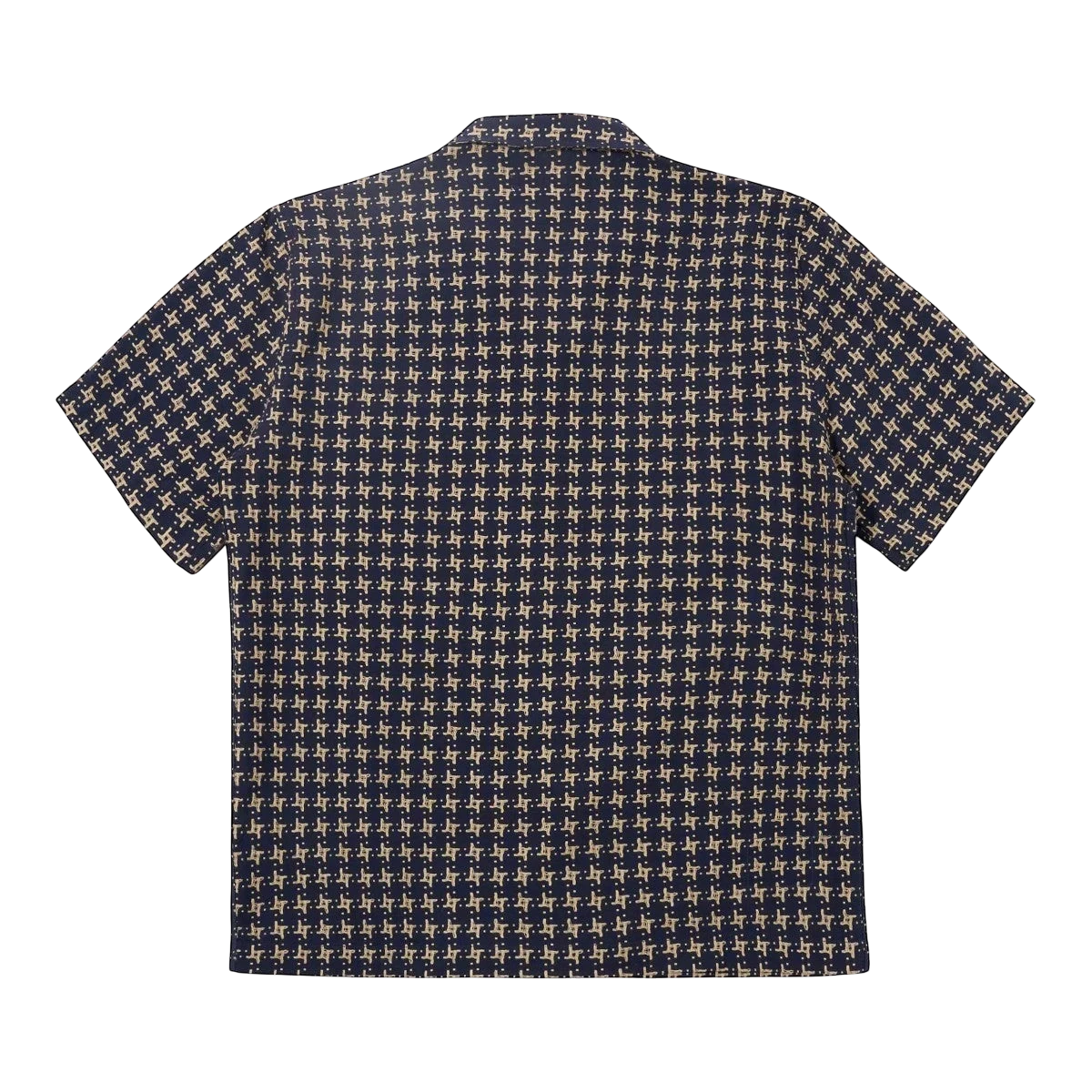 MILWORK Navy Sand Road Shirt with a repeating geometric pattern and short sleeves. Features a classic collar and straight hem.