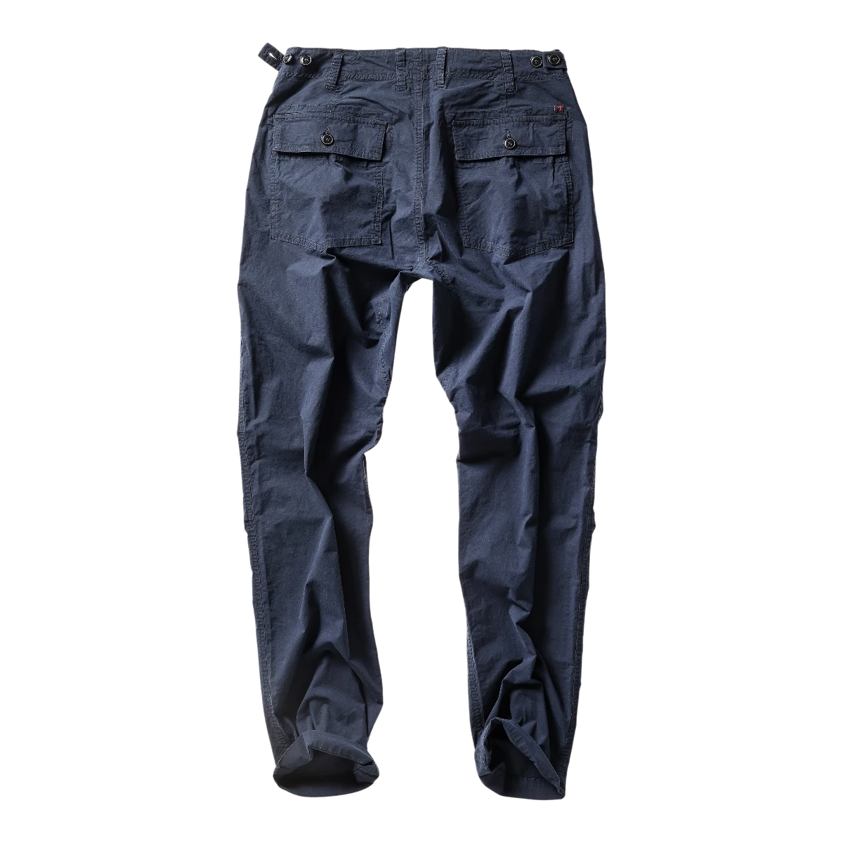 MILWORK navy blue cotton cargo pants with button flap back pockets and adjustable waist tabs.