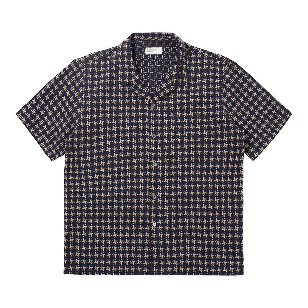 MILWORK navy and tan patterned short sleeve Road Shirt with a single-piece collar and chest pocket.