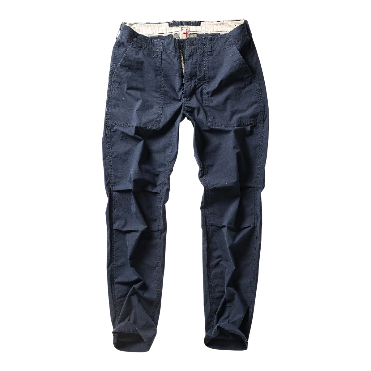 MILWORK navy blue cotton blend utility pants with multiple pockets and a zip fly.