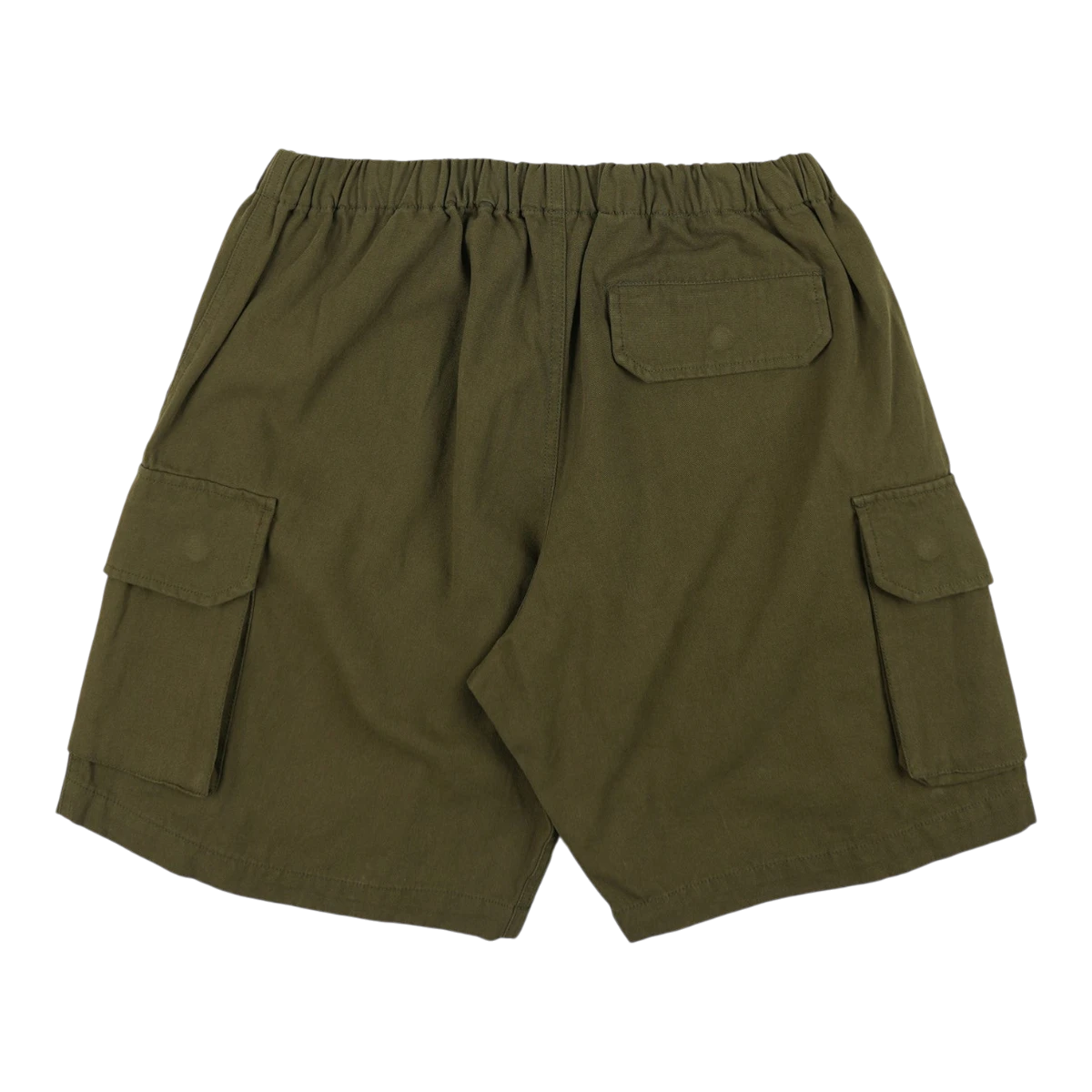 MILWORK olive green canvas multi pocket shorts with elastic waistband and utility pockets.