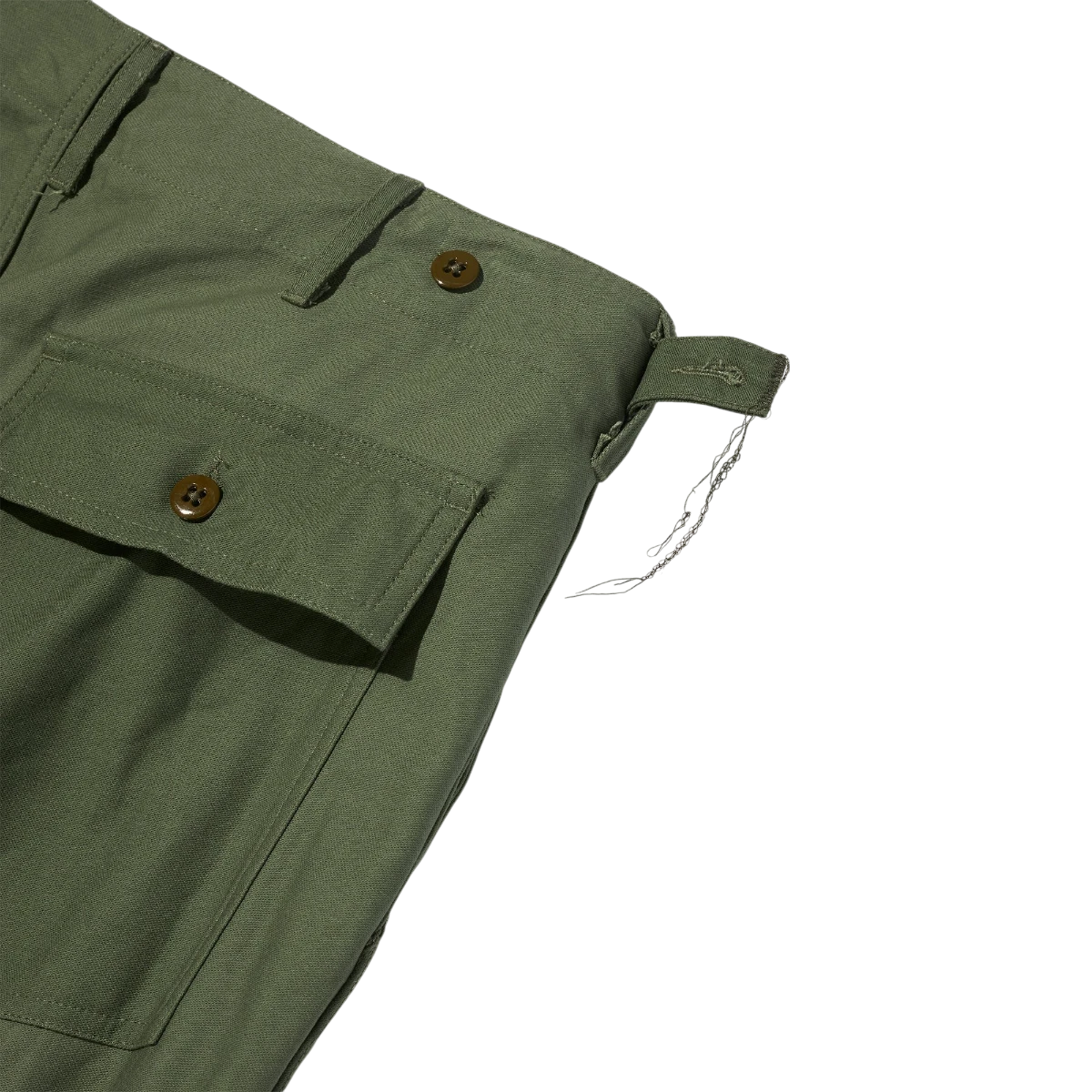 MILWORK Olive Cotton Reverse Sateen Fatigue Pants with button-flap pockets and adjustable waist tabs.