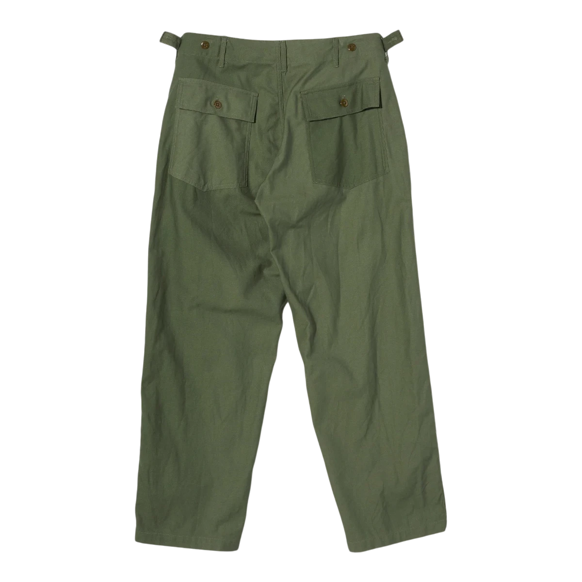 MILWORK Olive Cotton Reverse Sateen Fatigue Pants with two back pockets and adjustable waist tabs.