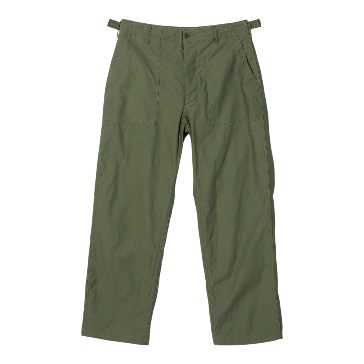 MILWORK olive green cotton fatigue pants with two front patch pockets and adjustable waist tabs.
