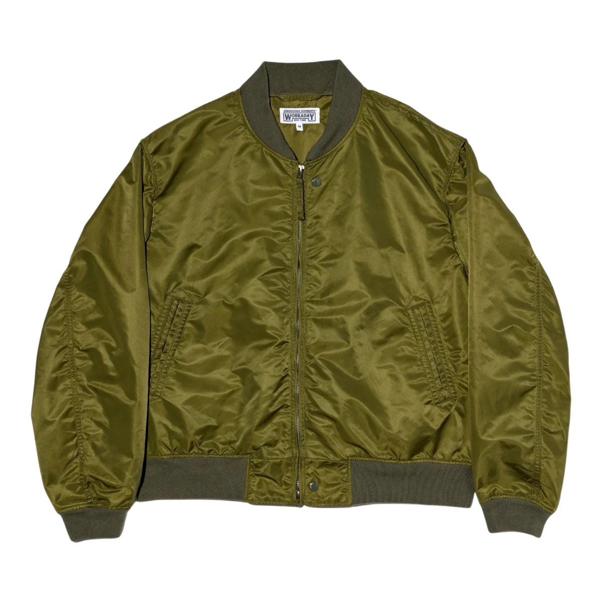 MILWORK Olive flight jacket made from satin nylon with ribbed cuffs and collar. Features a zip closure and two front pockets.