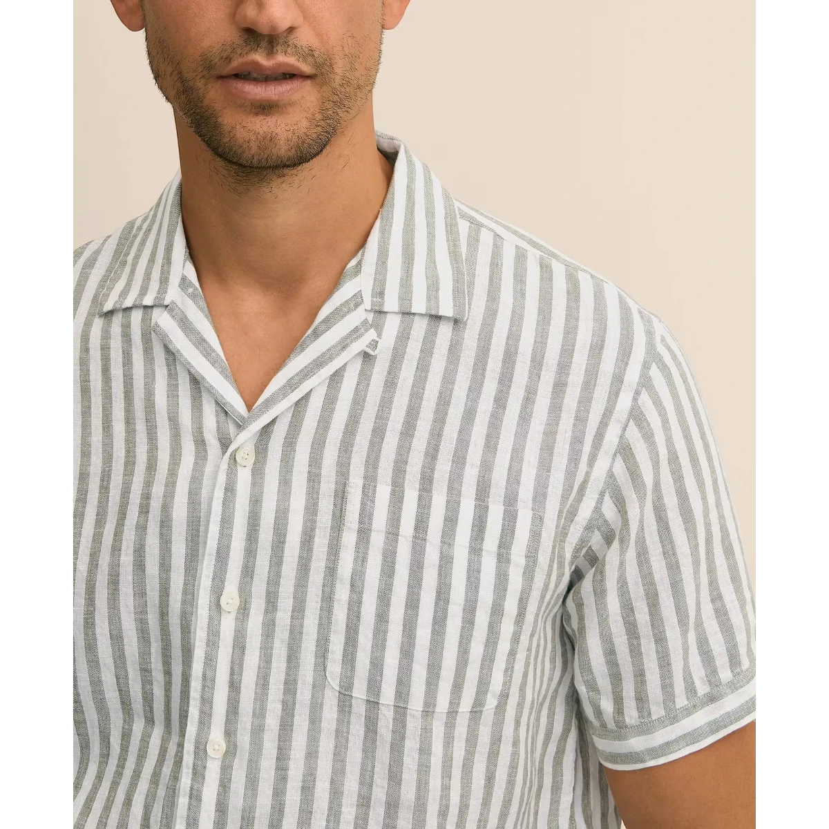 MILWORK men's short-sleeve camp collar shirt in olive and white vertical stripes, made of 100% linen.