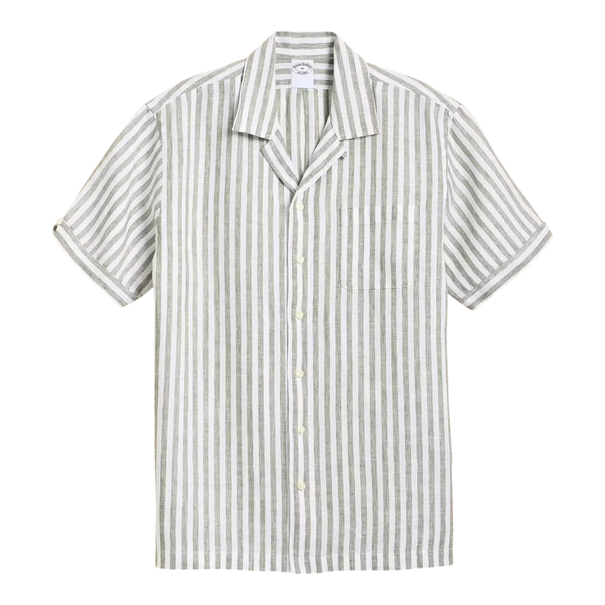 MILWORK short-sleeve camp collar shirt in olive and white vertical stripes, made of 100% linen with a chest pocket.