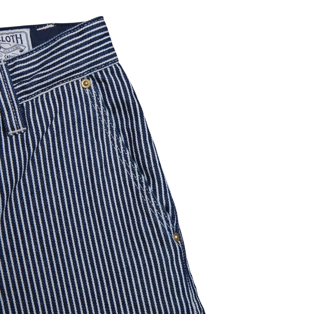 MILWORK Ortega Pant in yarn-dyed hickory stripe denim. Classic workwear trousers with reinforced double knees and pockets.