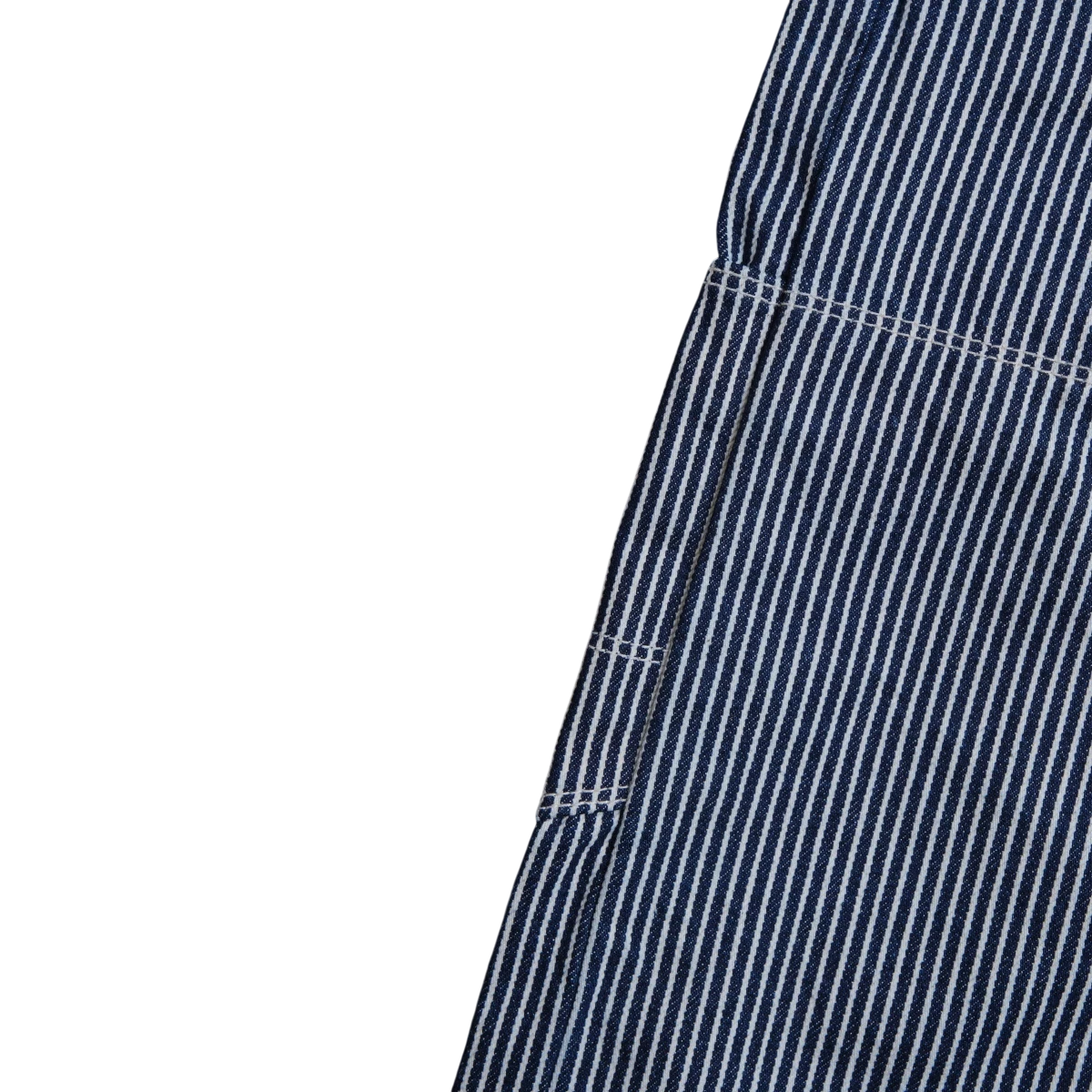 MILWORK Ortega Pant in yarn-dyed hickory stripe blue and white cotton with reinforced double knees and contrast stitching.