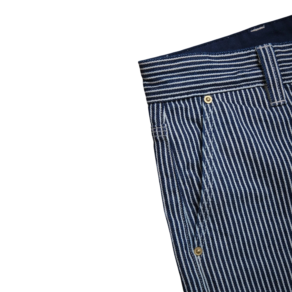 MILWORK Ortega pant in blue and white hickory stripe cotton with reinforced double knees and brass button details.