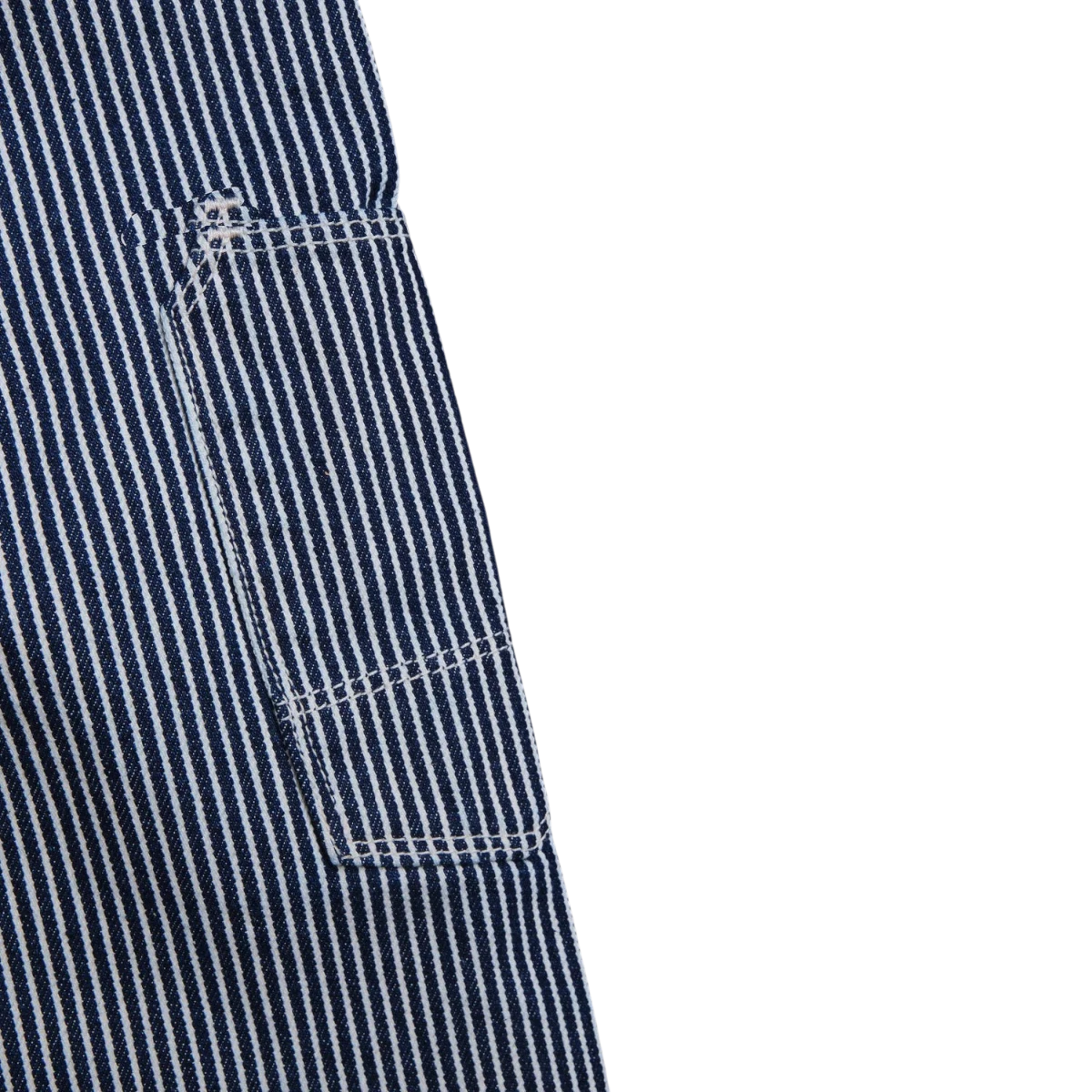 MILWORK Ortega pant in blue and white hickory stripe, 100% cotton with reinforced double knees and pockets.