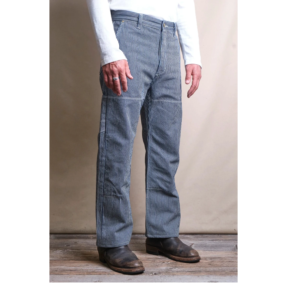 MILWORK Ortega hickory stripe 100% cotton work pants with reinforced double knees and straight leg fit.