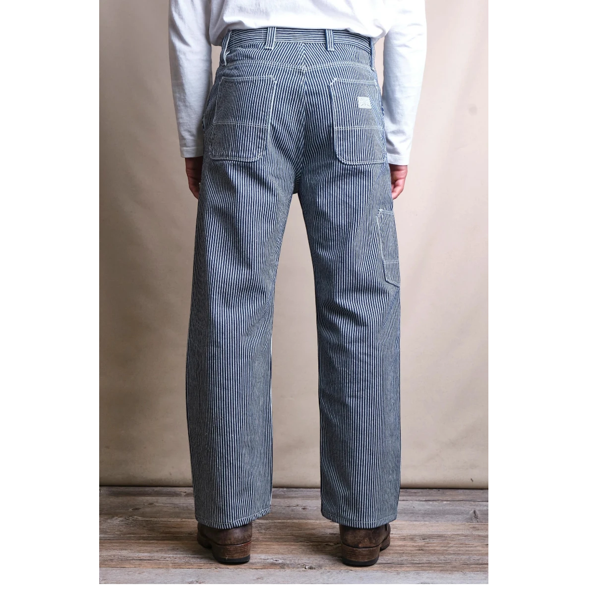 MILWORK Ortega hickory stripe 100% cotton work pants with double knees and straight leg silhouette.
