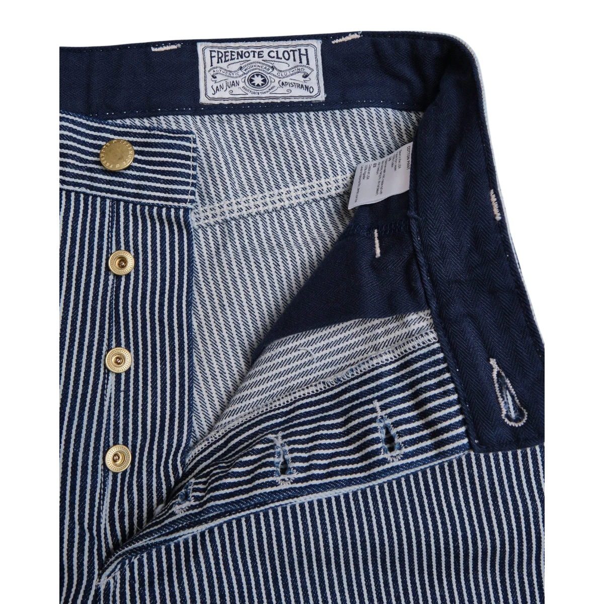 MILWORK Ortega hickory stripe work pants, 100% cotton with button fly and navy herringbone pocket bags.
