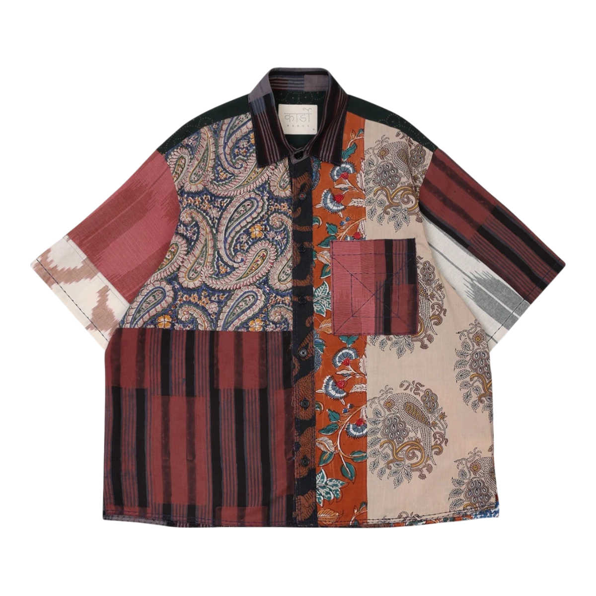 MILWORK Yuto 12 panel patchwork shirt in oversized fit, featuring paisley, floral, and striped patterns in earthy tones. 100% cotton with raw edge details.