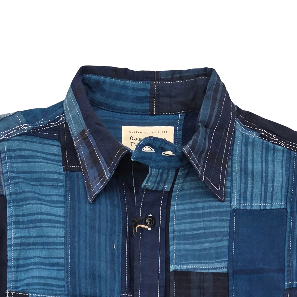 MILWORK No240 Surplus Utility Shirt Patchwork, indigo blue cotton, button-down collar, unique patchwork design with varying stripe patterns and plaid accents.