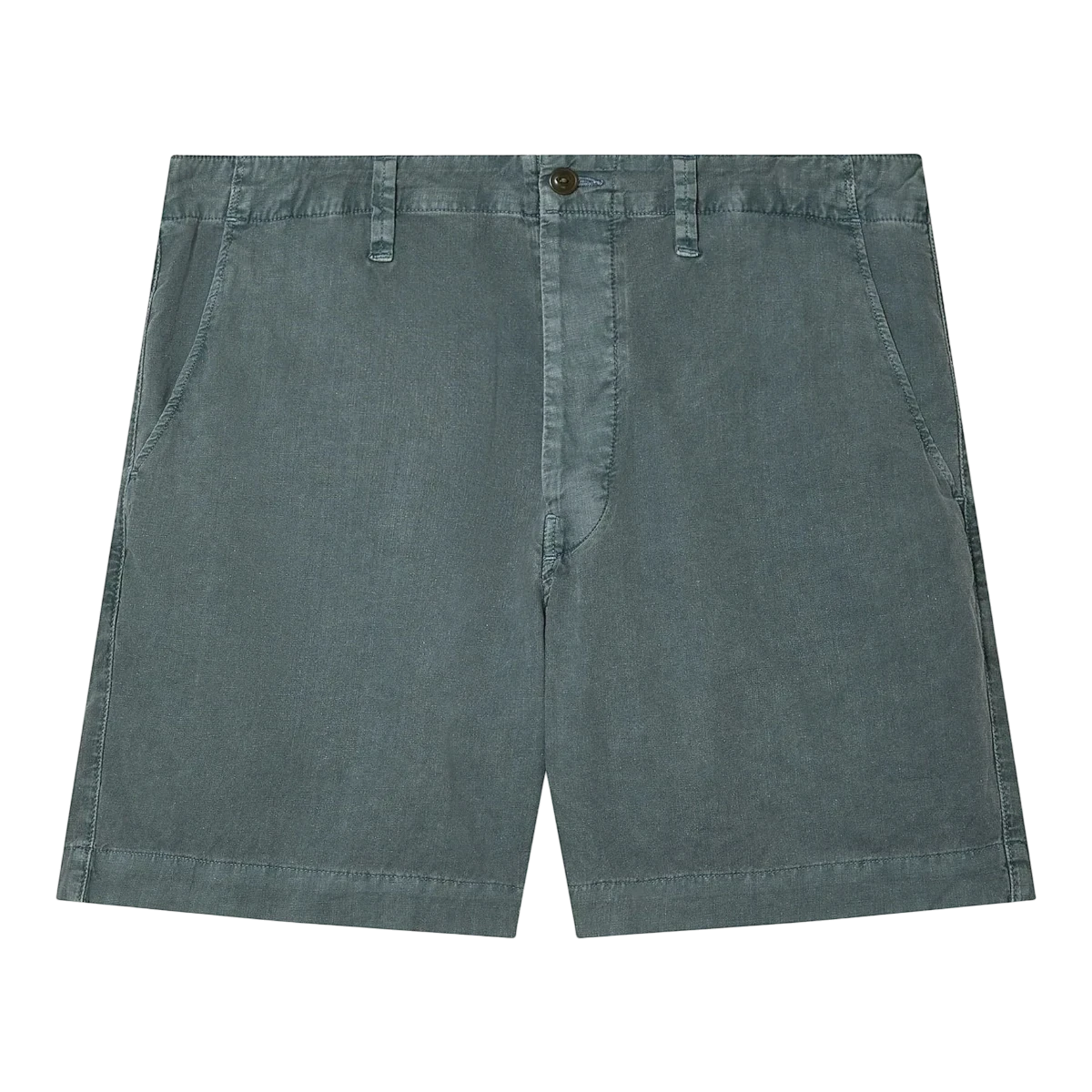 MILWORK Weekend Shorts in petrol blue cotton hemp blend. Relaxed fit, 7" inseam, Hollywood waistband, pigment-dyed.