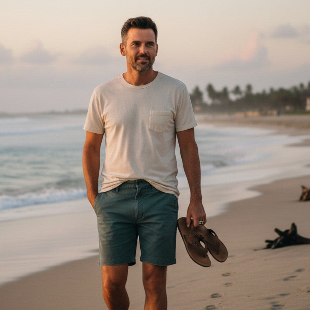 MILWORK Men's petrol blue cotton hemp shorts with a 7" inseam and Hollywood waistband, perfect for casual wear.